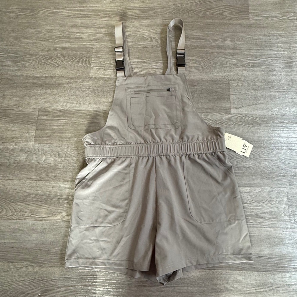 LIV Outdoor Women Stretch Ripstop Shortalls Taupe Gray Hiking Overalls Large NWT